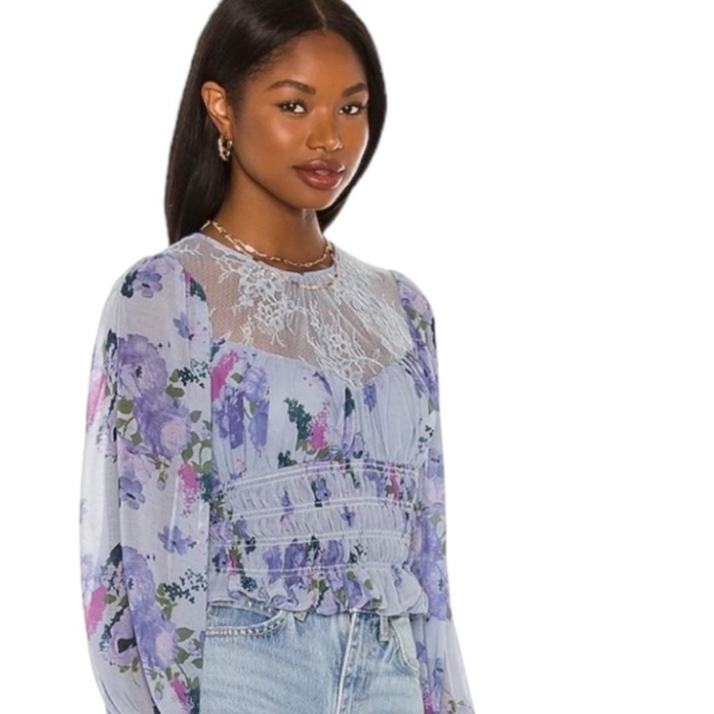 Free People Daphne Smocked Waist Cropped Smocked Waist Dusty Blue  Floral Top S
